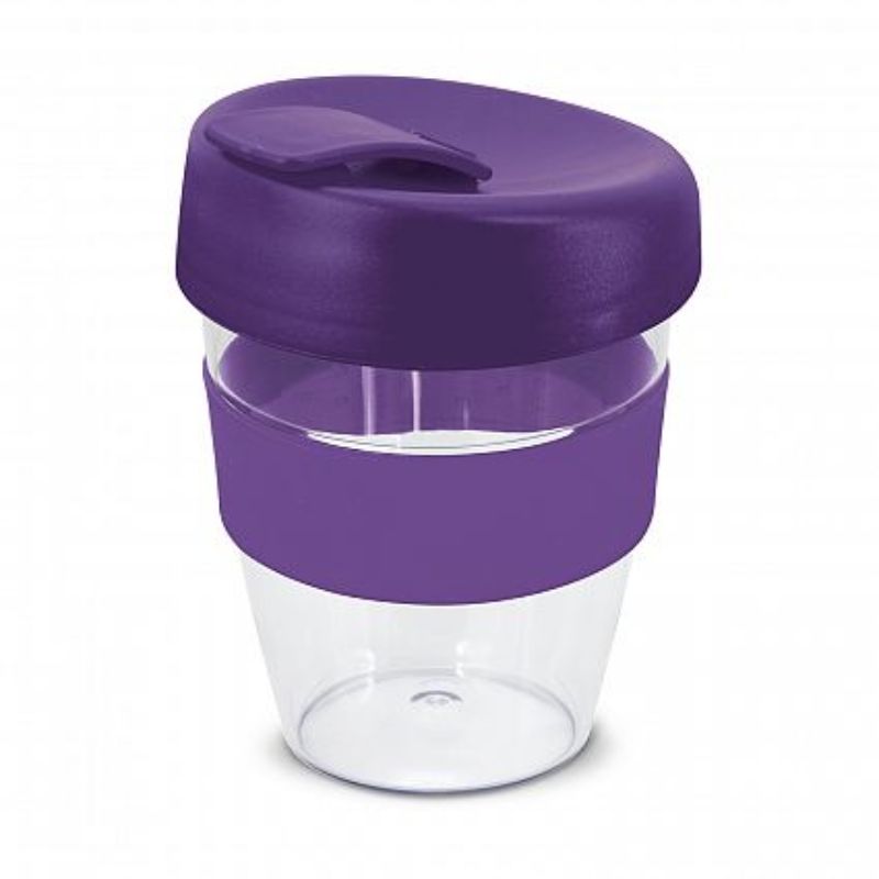 Set of 12 stylish purple 350ml reusable cups with heat-resistant band and splash-proof lid, eco-friendly and BPA-free.