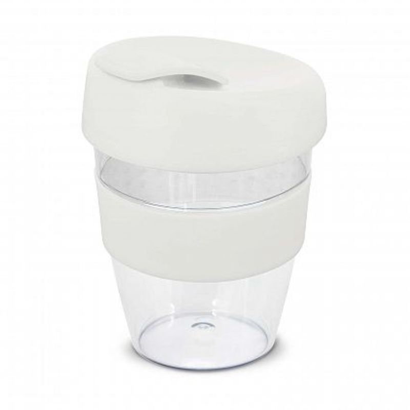 Set of 12 crystal-clear 350ml white cups with silicone grip, screw-on lid, perfect for drinks on the go.