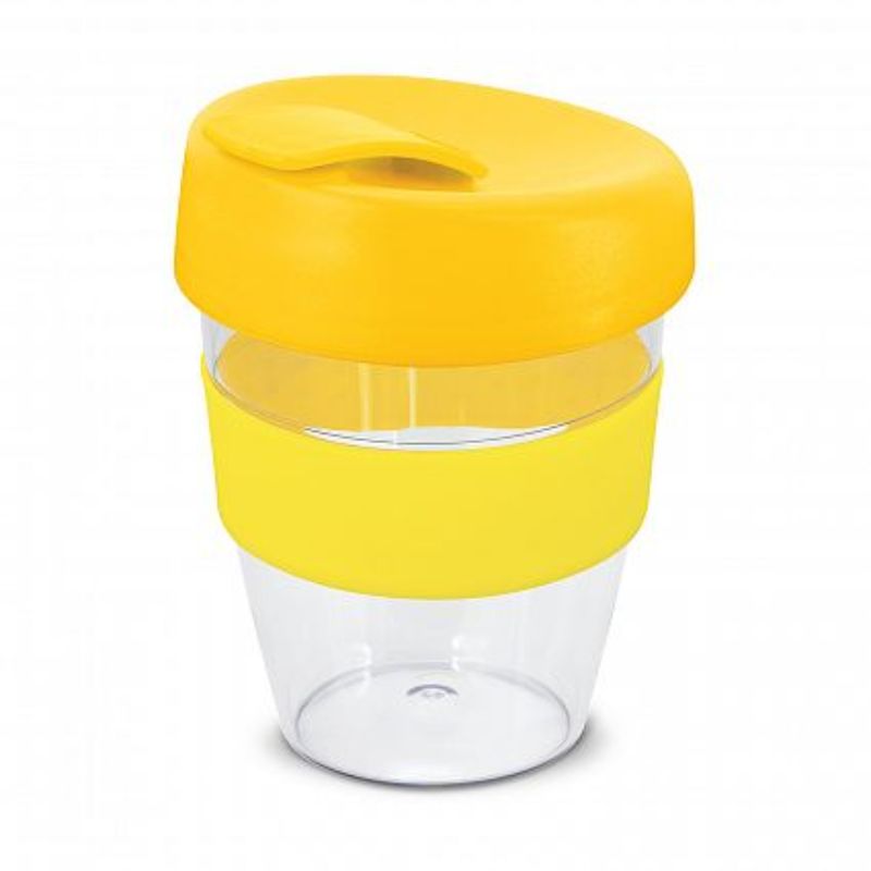 Set of 12 vibrant yellow 350ml reusable coffee cups with silicone bands and secure lids, ideal for eco-conscious sipping.