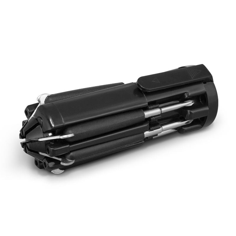 Compact black Bronco Multi Tool set of 12 with nine functions, flashlight, and screwdriver options for versatile tasks.