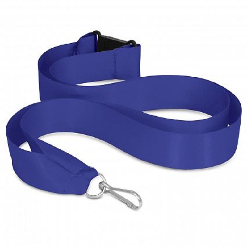 Dark blue ribbon lanyard set of 50 with metal clips, breakaway safety feature, ideal for professional events.