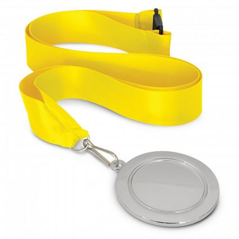 Set of 12 vibrant silver medals with yellow lanyards, ideal for sports and academic achievement recognition.