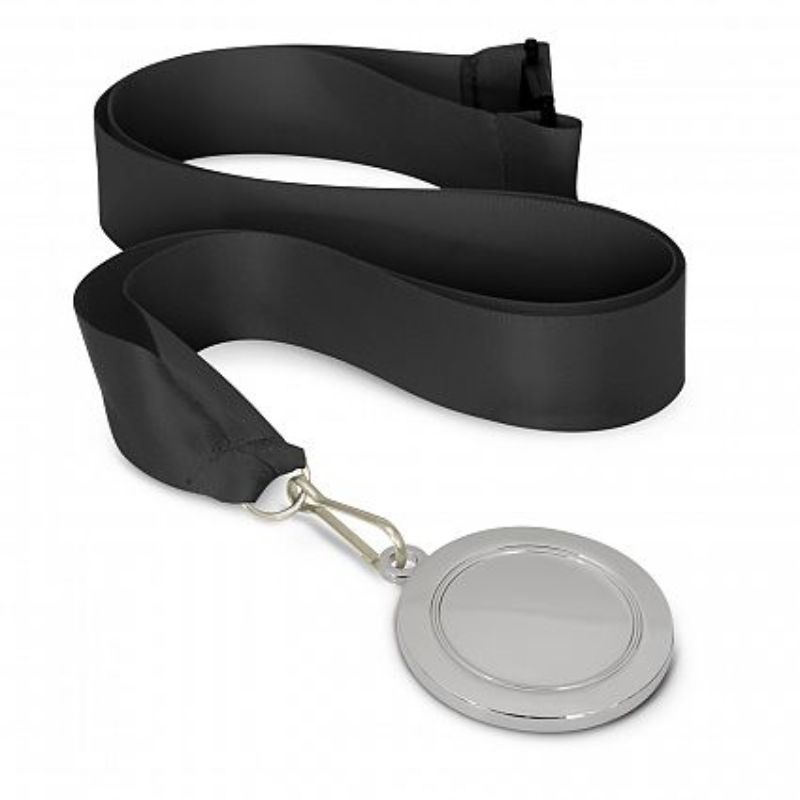 Set of 12 elegant 50mm silver medals with black lanyards, perfect for awarding winners in various competitions.