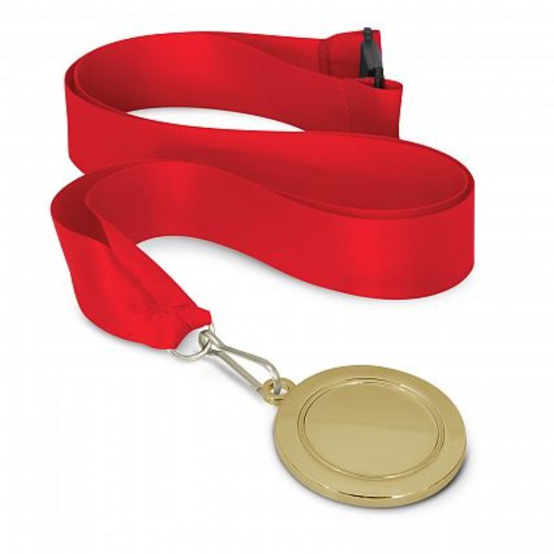 Set of 12 red lanyard gold medals, 50mm diameter, perfect for sports and academic awards to celebrate achievements.