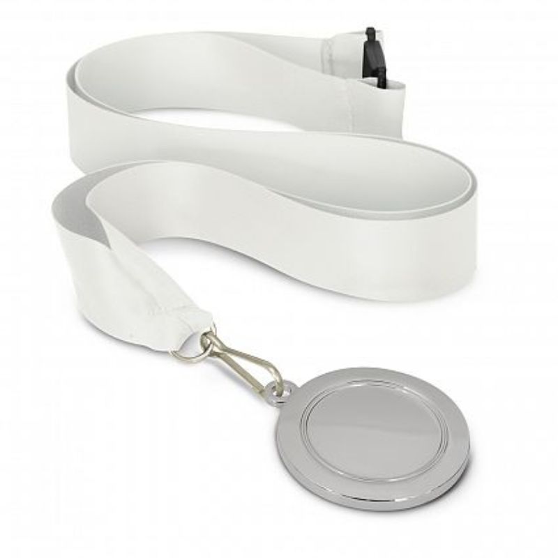 Set of 12 silver medals with 50mm diameter, white lanyards, ideal for awards in sports and academics.
