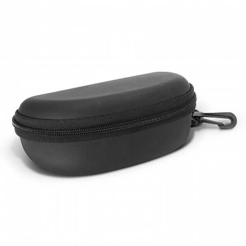 Set of 12 sleek black Montego sunglass cases made from durable EVA, featuring a zippered closure and handy clip for easy travel.