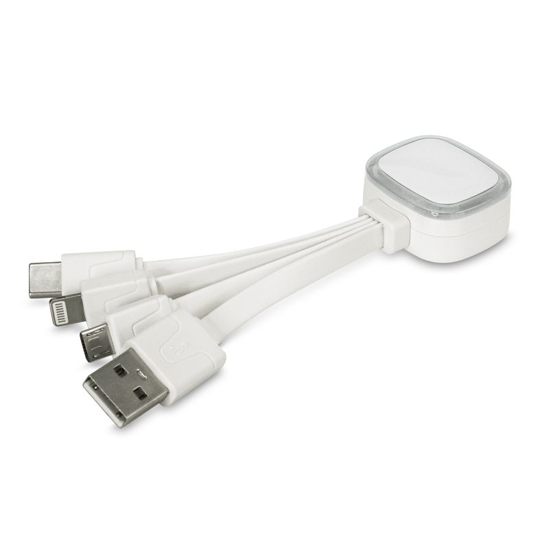 Set of 6 clear charging cables with LED lights and four connectors for versatile mobile device charging.