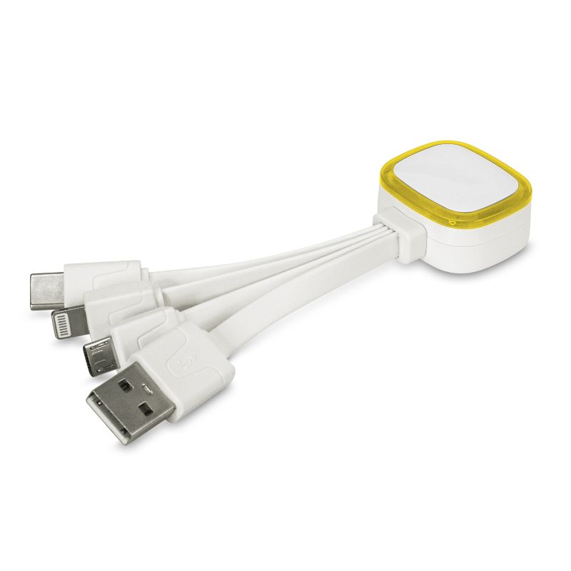 Vibrant yellow charging cable set with LED glow and multiple connectors for all your devices, perfect for on-the-go use.