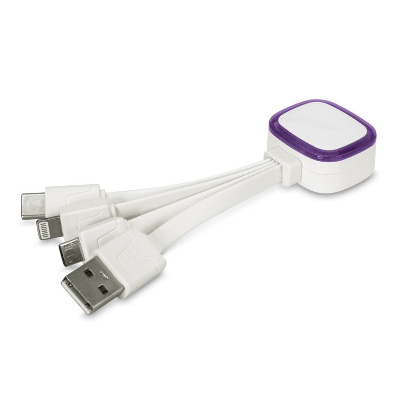 Purple Zodiac Charging Cable set of 6 with USB, Micro-B, Lightning, and USB Type-C connectors; features LED indicator.