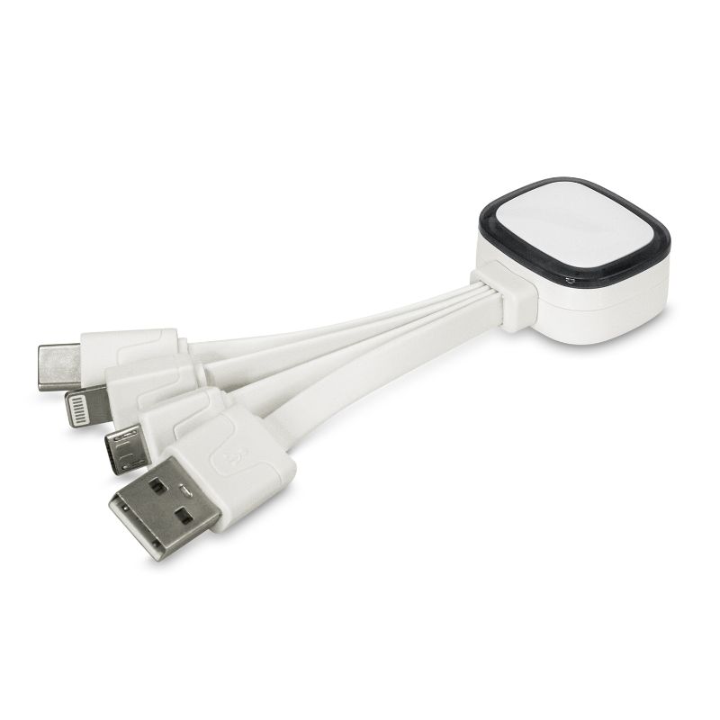 Set of 6 sleek black charging cables with LED inserts and USB, Micro-B, Lightning, and USB Type-C connectors for versatile charging.