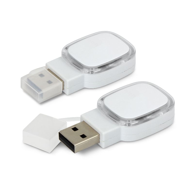 Futuristic white and clear flash drives with 4GB memory, removable caps, and glowing inserts, perfect for stylish data storage.