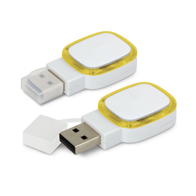 Set of 6 white and yellow Zodiac flash drives with a removable cap and translucent insert that lights up when connected.