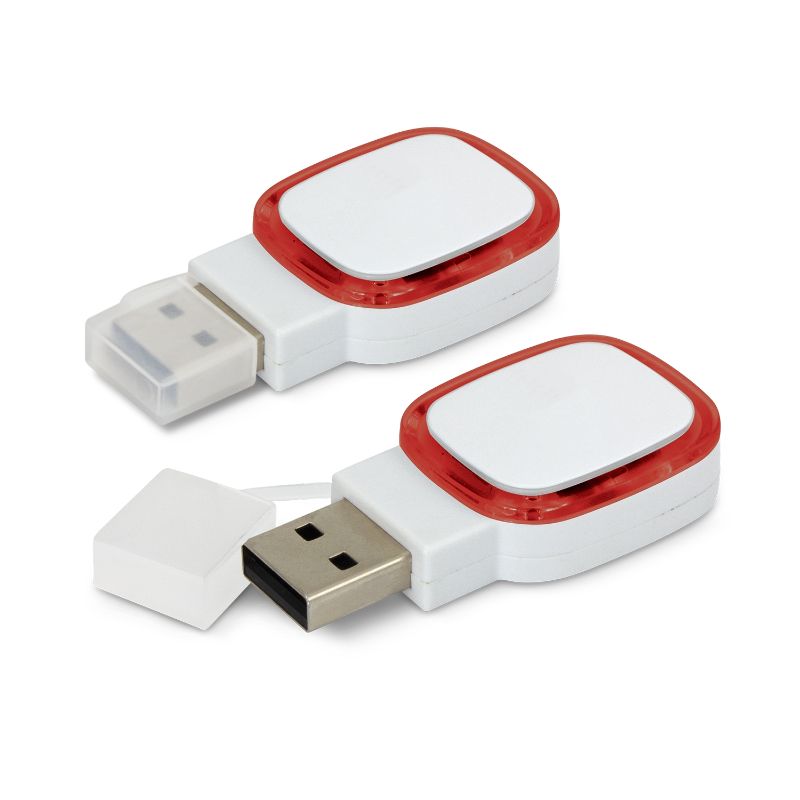 Set of 6 futuristic white and red Zodiac flash drives, each with 4GB memory, removable cap, and light-up feature.