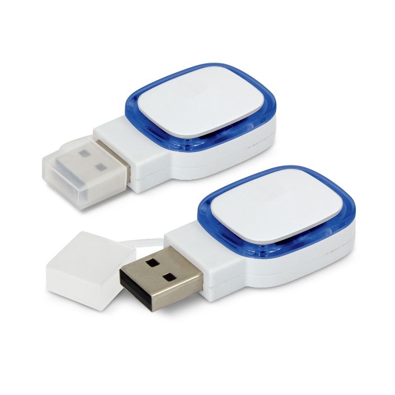 Set of 6 white and blue Zodiac flash drives with glowing translucent inserts and 4GB USB 2.0 capacity for stylish data storage.