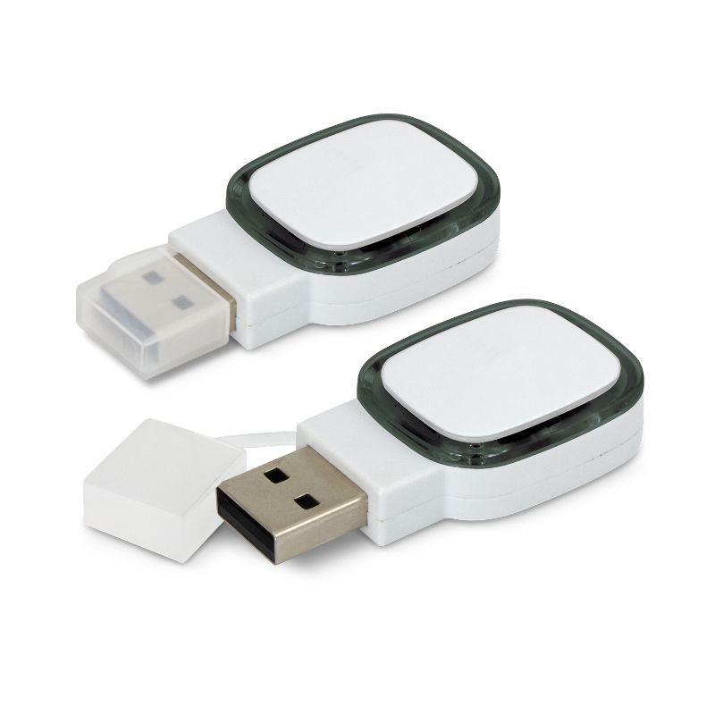 Set of 6 stylish white and black Zodiac Flash Drives with 4GB memory, removable cap, and glowing translucent insert.