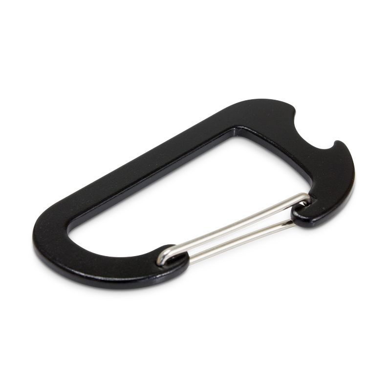 Black aluminum carabiner bottle opener set of 50, featuring a clip for easy attachment to bags and keychains.