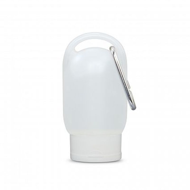 Gel hand sanitiser tubes in white, featuring a flip cap and carabiner clip, perfect for hygiene on the go. Set of 30.