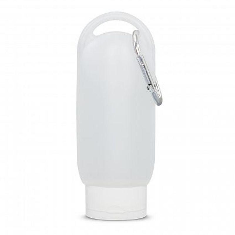 Set of 30 white gel hand sanitizers, 55ml tubes with flip cap and carabiner clip for convenient on-the-go hygiene.