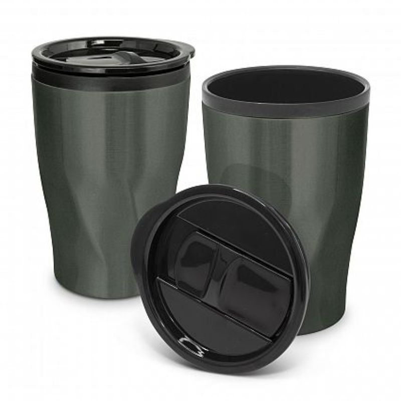Set of 12 stylish gunmetal coffee cups with double-wall design, splashproof lids, and durable twist-patterned stainless steel.