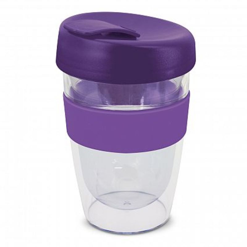 Set of 12 stylish purple reusable coffee cups with double wall, silicone band, and splashproof lid, 330ml capacity.