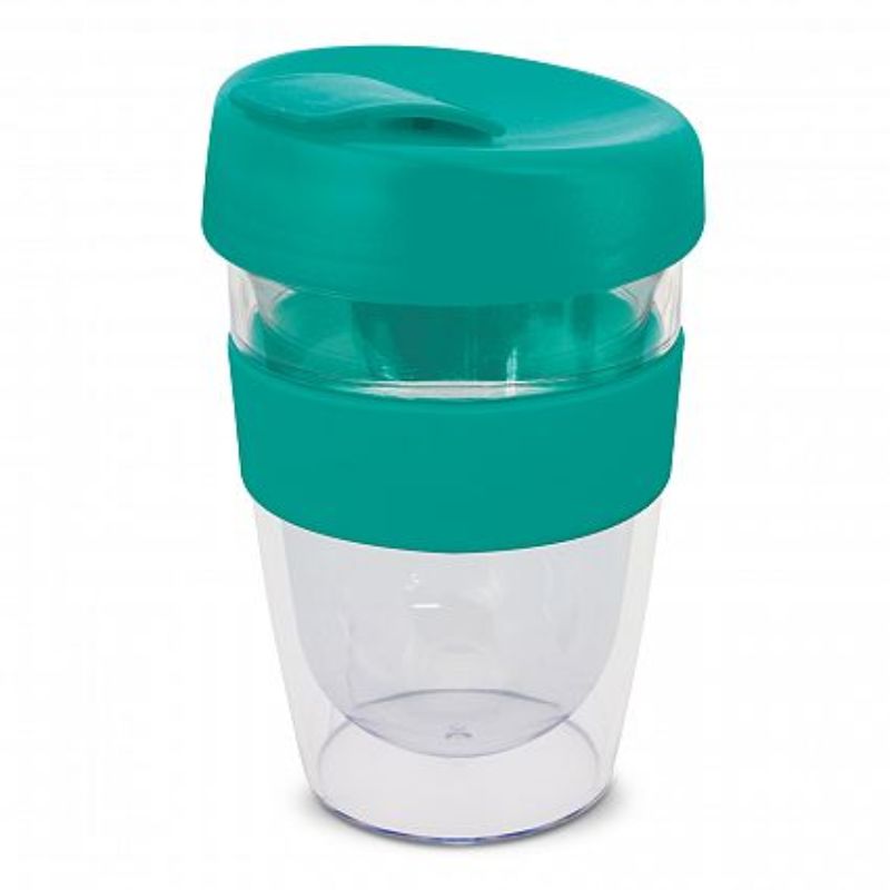 Teal 330ml double wall reusable coffee cup set of 12 with silicone band, secure lid, and splashproof flip closure.