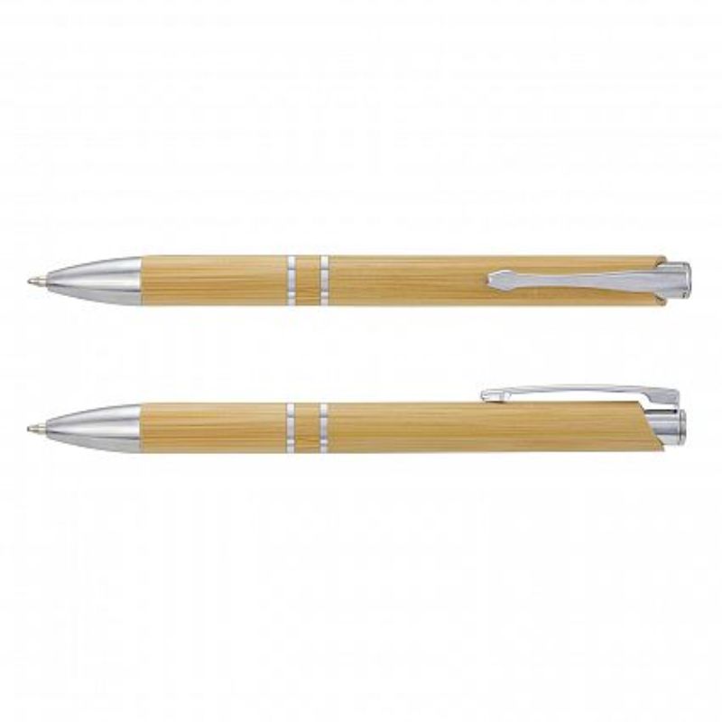 Set of 50 eco-friendly retractable bamboo pens with chrome accents and high-quality German ink for smooth writing.