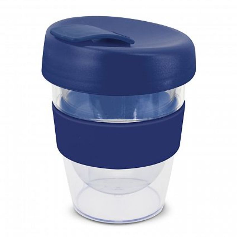Set of 12 dark blue reusable coffee cups with silicone bands, double wall for heat retention, and splash-proof lids.