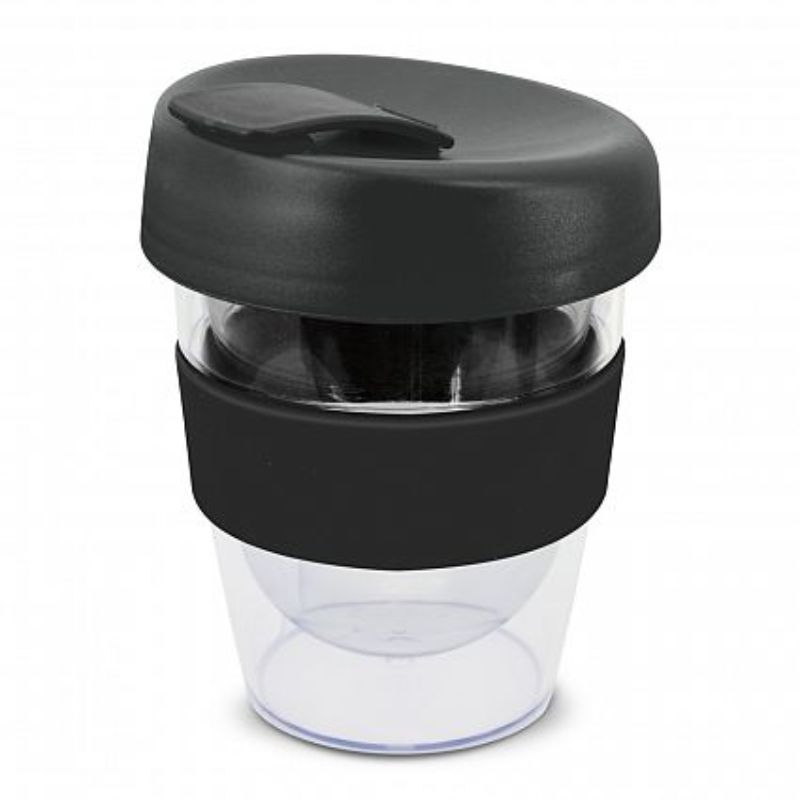 Set of 12 black 230ml reusable coffee cups with silicone band, screw-on lid, and splashproof flip for drinks on the go.