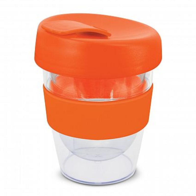 Bright orange reusable coffee cup set with silicone band, secure lid, and double wall design for hot drinks on the go.