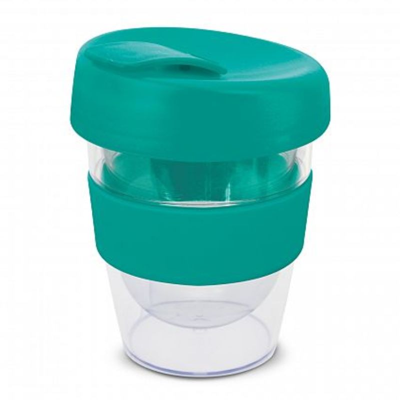 Set of 12 teal reusable coffee cups with double wall insulation, silicone bands, and spill-proof lids for on-the-go enjoyment.