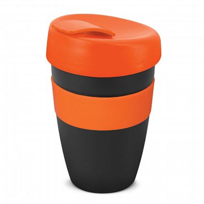 Set of 12 double wall black and orange reusable coffee cups with silicone band and secure flip lid for on-the-go sipping.