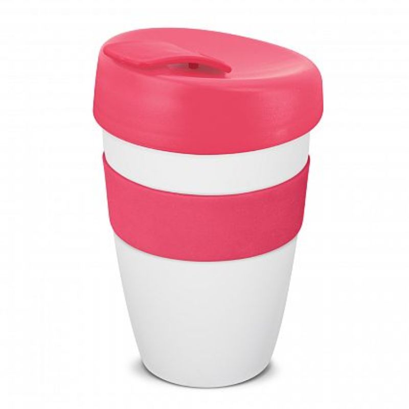 Set of 12 double wall reusable coffee cups in white and pink, designed for comfort and eco-friendly use on-the-go.