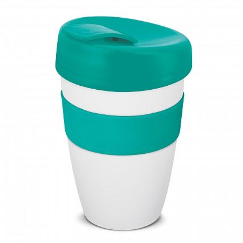 Set of 12 double wall coffee cups in white and teal, featuring a silicone band and secure lid for hot beverages.