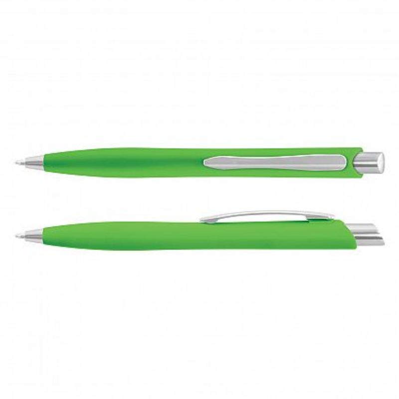Bright green Javalin Pens with soft-touch finish, blue refill, and tungsten carbide ball, set of 100 for smooth writing.