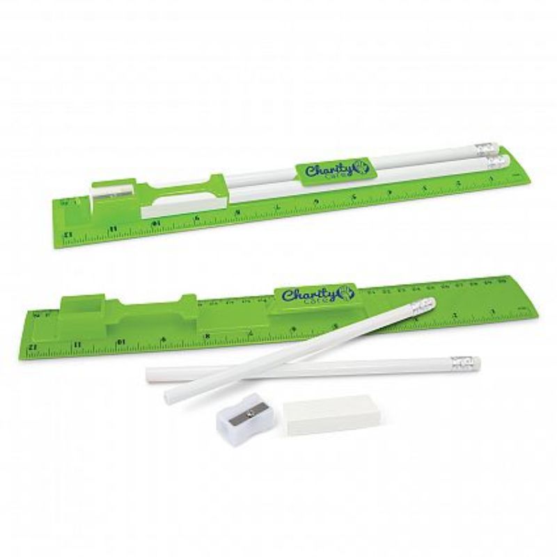 Bright green stationery set containing 30 pieces: ruler, 2 pencils, sharpener, and eraser for students and professionals.