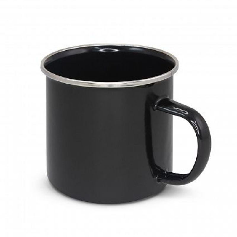 Set of 12 black Bendigo enamel mugs, 500ml, durable, lightweight, perfect for outdoor adventures and gatherings.