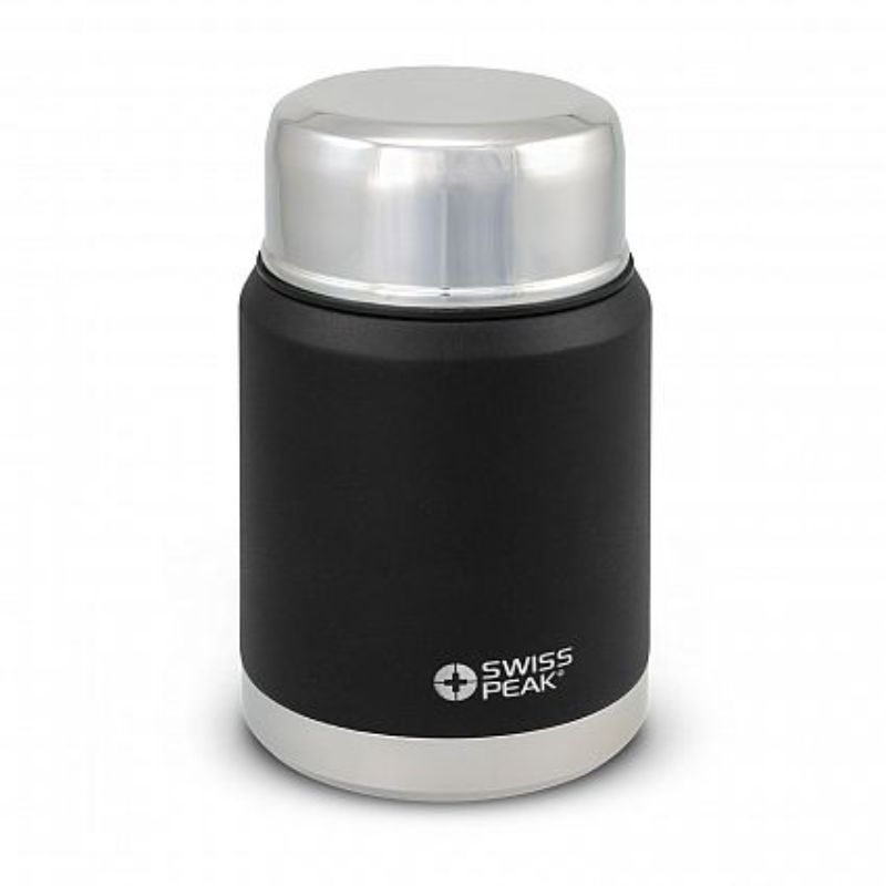 Swiss Peak Elite Copper Vacuum Food Container (500ml) in black, featuring double wall insulation, serving bowl, and foldable spoon.