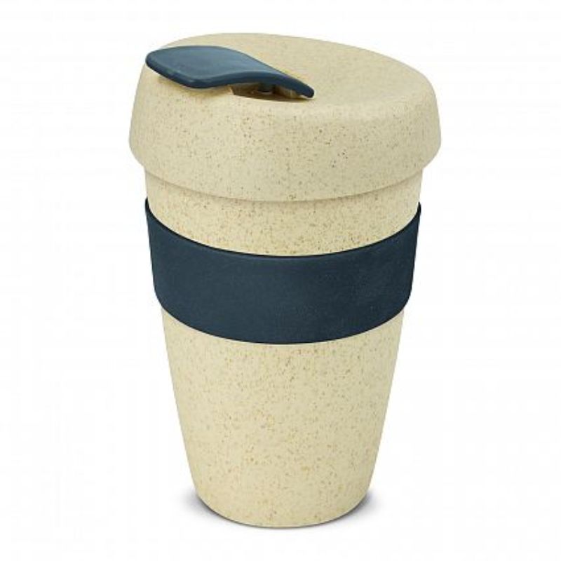 Set of 12 eco-friendly 480ml natural and navy reusable coffee cups with silicone bands and splashproof lids.