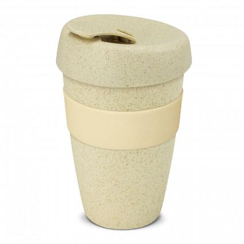 Eco-friendly 480ml coffee cup set of 12, made from rice husk and BPA-free polypropylene with a silicone grip and secure lid.