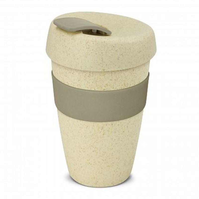 Set of 12 eco-friendly 480ml reusable cups in natural and grey, made from rice husk fiber and BPA-free polypropylene.