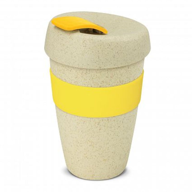 Set of 12 eco-friendly 480ml natural/yellow reusable coffee cups made from rice husk and BPA-free polypropylene.