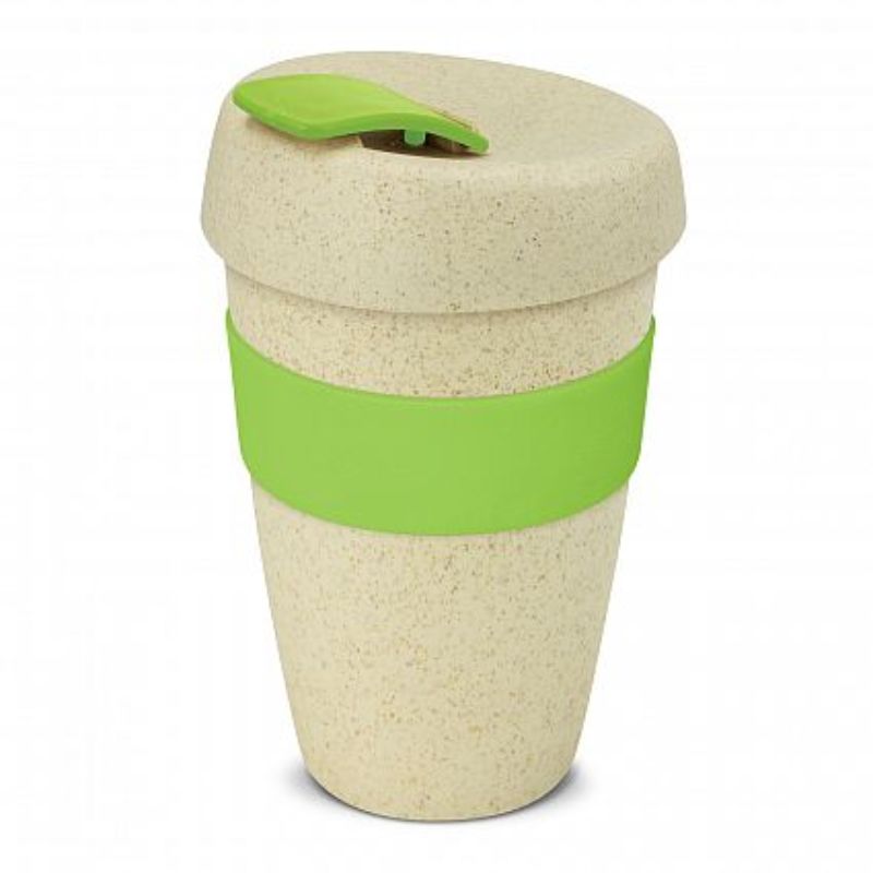 Set of 12 bright green 480ml reusable coffee cups made from rice husk and BPA-free polypropylene, featuring silicone bands and screw-on lids.