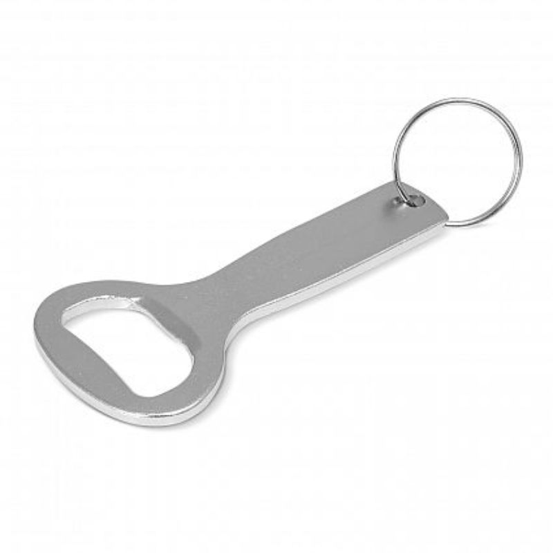 Set of 50 sleek silver aluminum bottle opener key rings, perfect for promotions and celebrations, measuring 85mm x 39mm x 2mm.