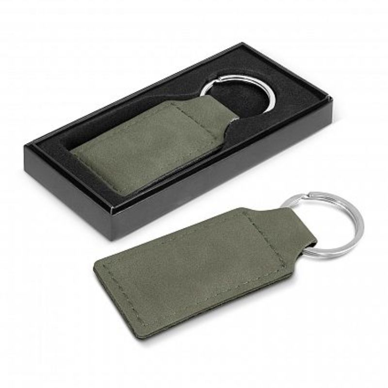 Set of 30 elegant grey PU leather key rings with matching stitching, presented in a stylish black gift box.