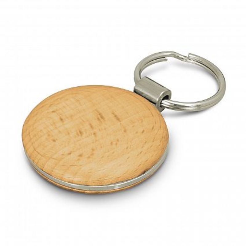 Round natural beech wood key ring set of 12 with metal trim, elegantly packaged in a black gift box.