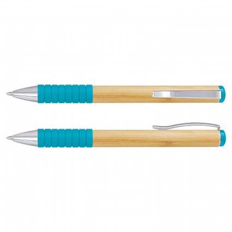 Light blue bamboo twist pens with chrome trim, eco-friendly design, and soft grip, perfect for writing and giveaways. Set of 50.