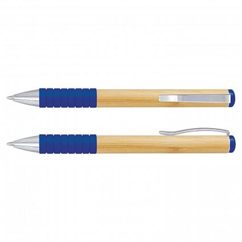Bamboo Twist Pen set in royal blue, featuring eco-friendly bamboo barrel and chrome trim for stylish, comfortable writing.