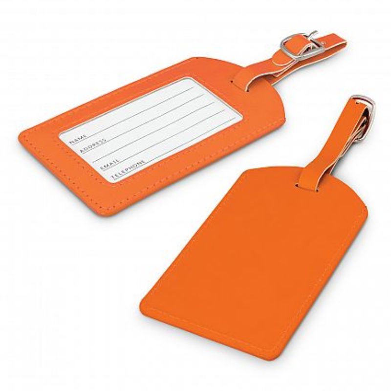 Bright orange Aero Luggage Tags (Set of 50) made from durable PU, featuring address cards and adjustable straps for easy identification.