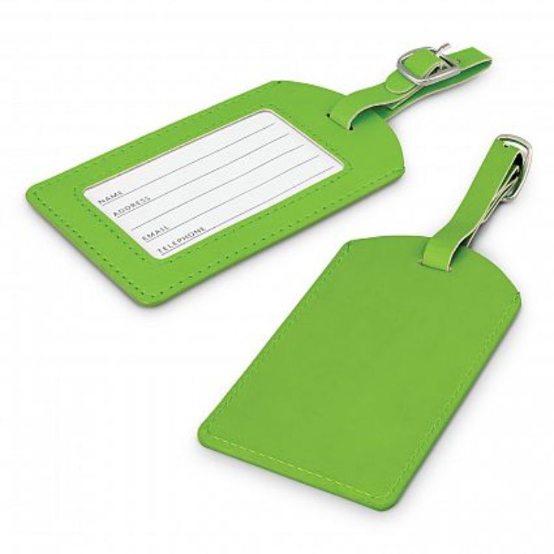 Bright green Aero luggage tags in a set of 50, featuring durable PU material, adjustable straps, and address cards for easy identification.