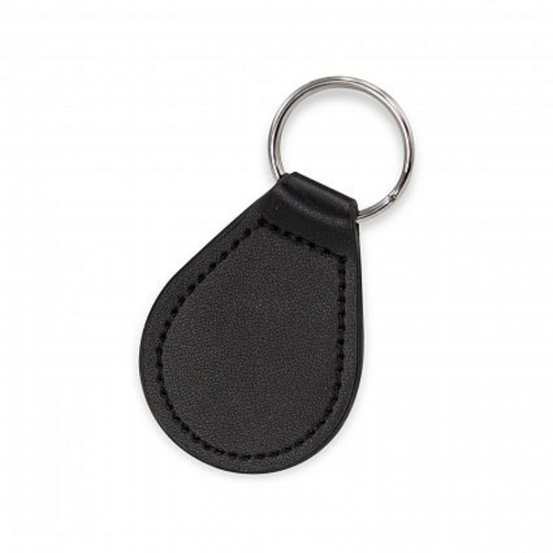 Round black leather keyring with matching stitching, presented in an elegant gift box, perfect for stylish organization.